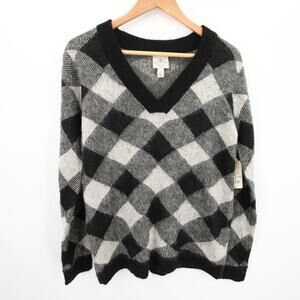 St. Johns Bay Sweater Black White Plaid Check Gingham Pullover V Neck Oversized